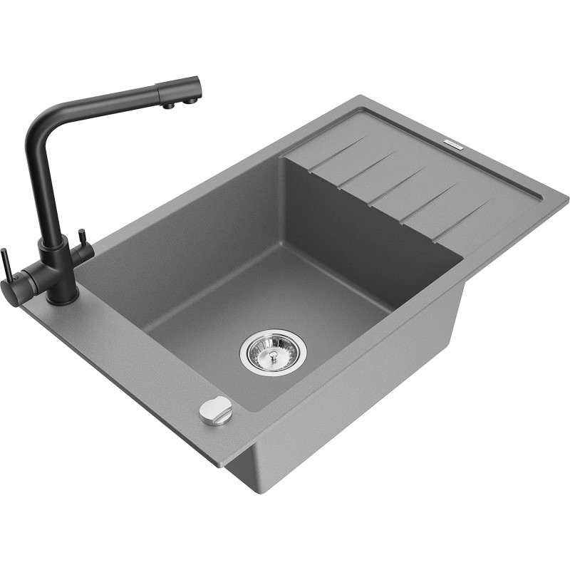 Mexen Elias 1-Bowl Granite Sink with Drainer and Kitchen Faucet Duero, Gray - 6511-71-671600-70