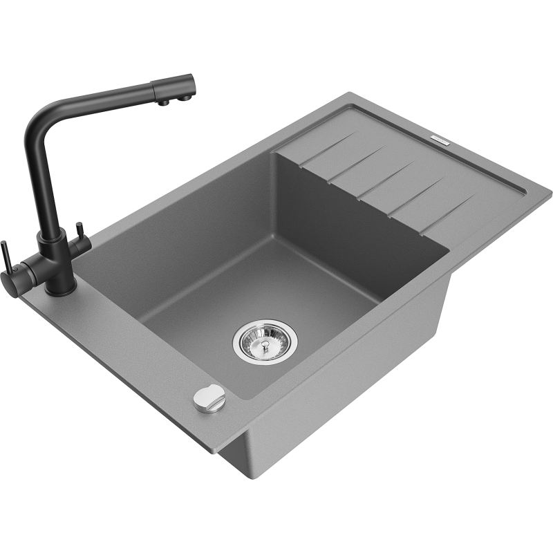 Mexen Elias 1-compartment granite sink with a drip tray and kitchen mixer tap Duero, Grey - 6511-71-671600-70