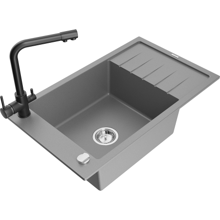 Mexen Elias 1-Bowl Granite Sink with Drainer and Kitchen Faucet Duero, Gray - 6511-71-671600-70