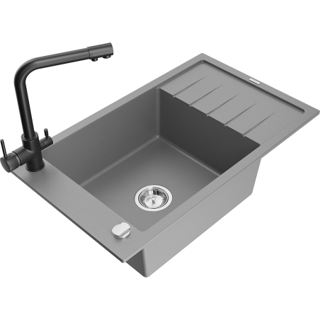 Mexen Elias single-bowl granite sink with drainer and Duero kitchen tap, grey - 6511-71-671600-70