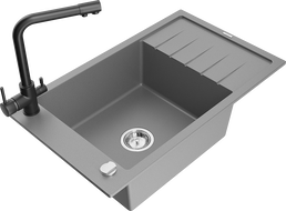 Mexen Elias 1-bowl granite sink with drainer and Duero kitchen faucet, gray - 6511-71-671600-70