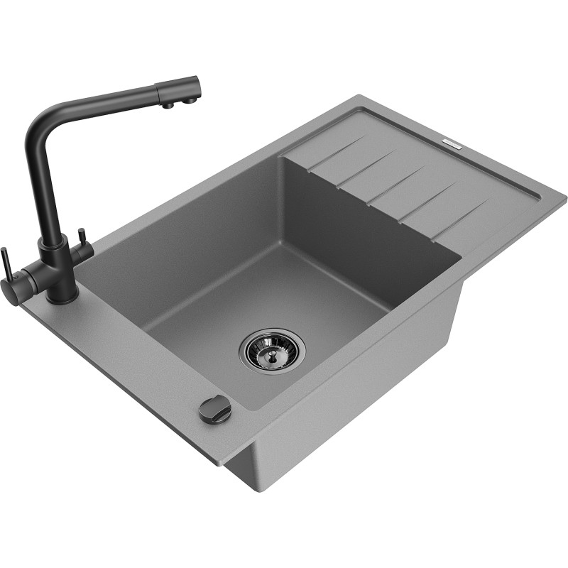 Mexen Elias granite 1-bowl kitchen sink with drainer and Duero kitchen faucet, gray - 6511-71-671600-70-B