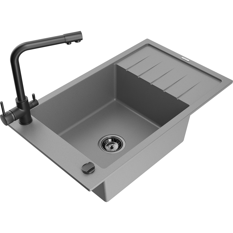 Mexen Elias granite sink 1-bowl with drainer and Duero kitchen tap, grey - 6511-71-671600-70-B