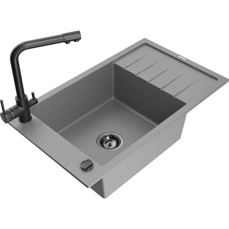 Mexen Elias granite kitchen sink single-bowl with drainer and Duero kitchen faucet, gray - 6511-71-671600-70-B