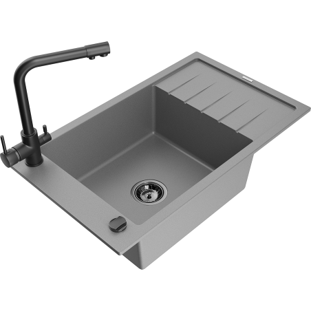 Mexen Elias granite sink 1-bowl with drainer and Duero kitchen tap, grey - 6511-71-671600-70-B