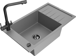 Mexen Elias granite sink 1-bowl with drainer and Duero kitchen tap, grey - 6511-71-671600-70-B