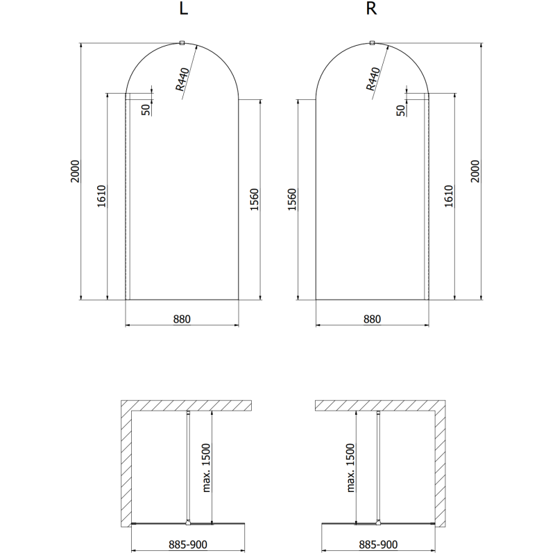 Mexen Kioto-Q Walk-in shower wall 90 x 200 cm, transparent 8 mm, gold - 800-090-101-50-00-Q