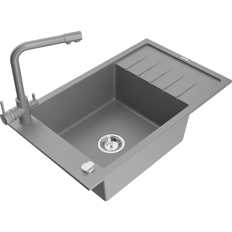Mexen Elias 1-bowl granite sink with drainer and Duero kitchen tap, grey - 6511-71-671600-71