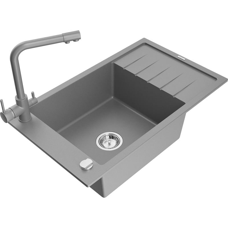 Mexen Elias granite kitchen sink with drainer and Duero kitchen faucet, gray - 6511-71-671600-71