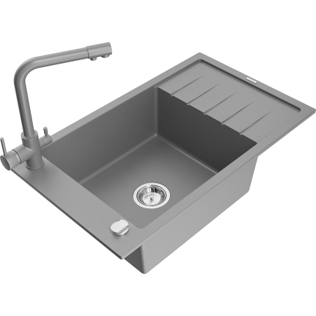 Mexen Elias 1-bowl granite sink with drainer and Duero kitchen tap, grey - 6511-71-671600-71