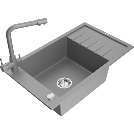 Mexen Elias 1-compartment granite sink with a drip tray and kitchen mixer tap Duero, Grey - 6511-71-671600-71