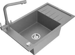 Mexen Elias granite sink 1-bowl with drainer and kitchen faucet Duero, gray - 6511-71-671600-71