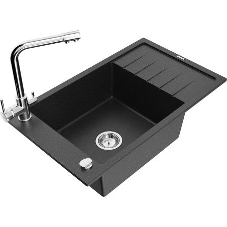 Mexen Elias 1-bowl granite sink with drainer and Duero kitchen faucet, black/silver metallic finish - 6511-73-671600-00