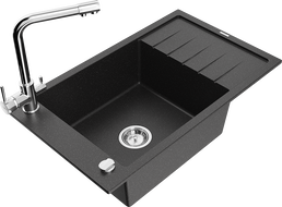 Mexen Elias 1-compartment granite sink with a drip tray and kitchen mixer tap Duero, Black/Silver metallic - 6511-73-671600-00