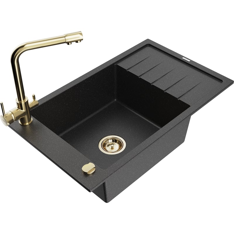 Mexen Elias granit sink 1-bowl with drainer and kitchen faucet Duero, black/silver metallic - 6511-73-671600-50