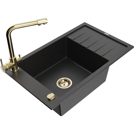 Mexen Elias granit sink 1-bowl with drainer and kitchen faucet Duero, black/silver metallic - 6511-73-671600-50
