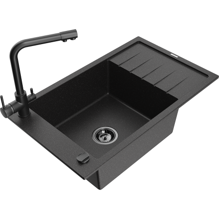Mexen Elias 1-compartment granite sink with a drip tray and kitchen mixer tap Duero, Black/Silver metallic - 6511-73-671600-70-B