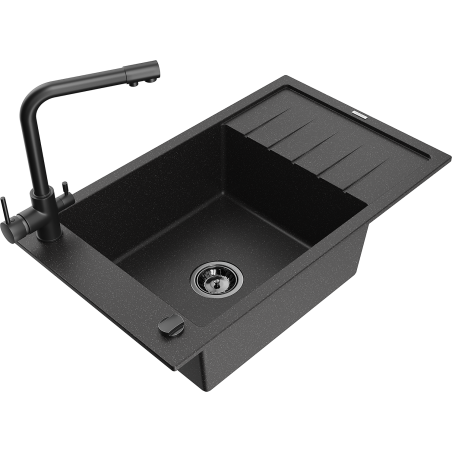 Mexen Elias single-bowl granite sink with drainer and Duero kitchen tap, black/silver metallic - 6511-73-671600-70-B