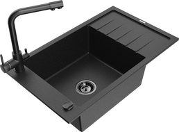 Mexen Elias granite sink 1-bowl with drainer and kitchen faucet Duero, black/silver metallic - 6511-73-671600-70-B