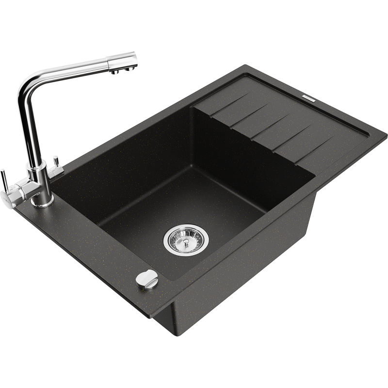 Mexen Elias 1-compartment granite sink with a drip tray and kitchen mixer tap Duero, Black/Gold metallic - 6511-75-671600-00