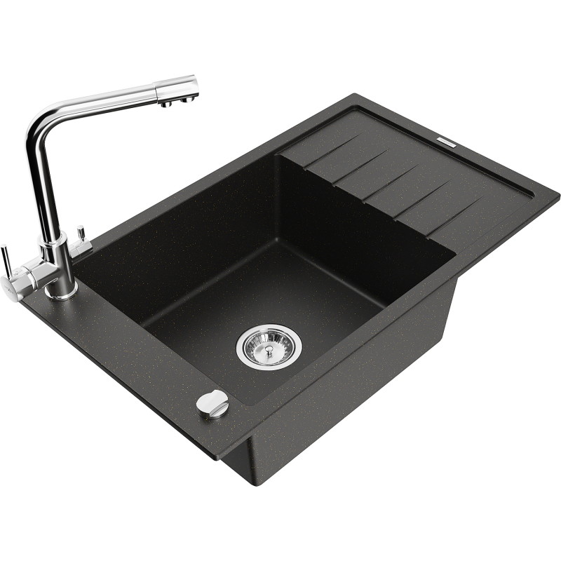 Mexen Elias granite single-bowl sink with drainer and Duero kitchen faucet, black/gold metallic - 6511-75-671600-00