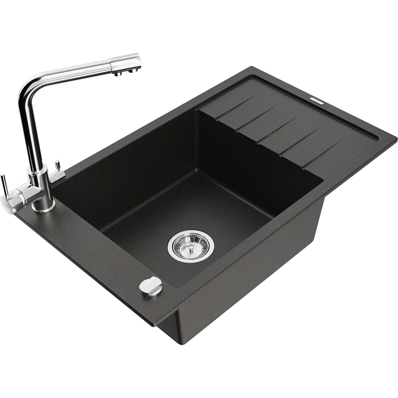 Mexen Elias granite sink single-bowl with drainer and Duero kitchen tap, black/golden metallic - 6511-75-671600-00
