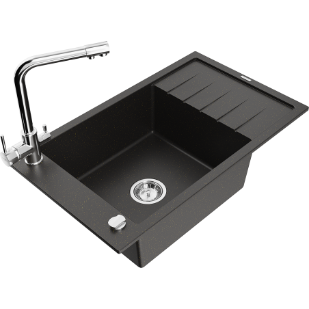 Mexen Elias 1-compartment granite sink with a drip tray and kitchen mixer tap Duero, Black/Gold metallic - 6511-75-671600-00