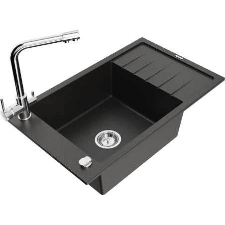 Mexen Elias granite sink single-bowl with drainer and Duero kitchen tap, black/golden metallic - 6511-75-671600-00