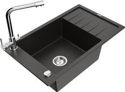 Mexen Elias granite single-bowl sink with drainer and Duero kitchen faucet, black/gold metallic - 6511-75-671600-00