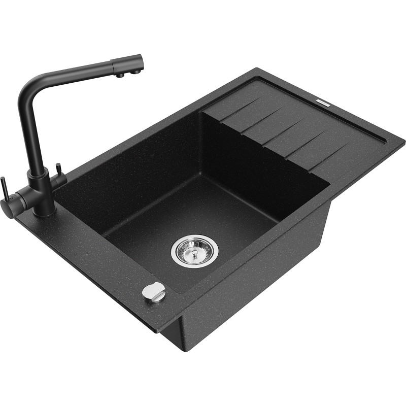 Mexen Elias 1-bowl granite sink with drainer and Duero kitchen faucet, black/silver metallic - 6511-73-671600-70