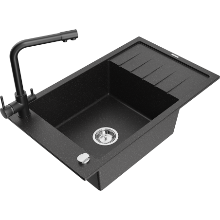 Mexen Elias granite kitchen sink 1-compartment with drainer and Duero kitchen faucet, black/silver metallic - 6511-73-671600-70