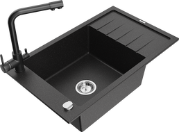 Mexen Elias 1-bowl granite sink with drainer and Duero kitchen faucet, black/silver metallic - 6511-73-671600-70