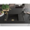 Mexen Elias 1-bowl granite sink with drainer and Duero kitchen faucet, black/gold metallic - 6511-75-671600-50