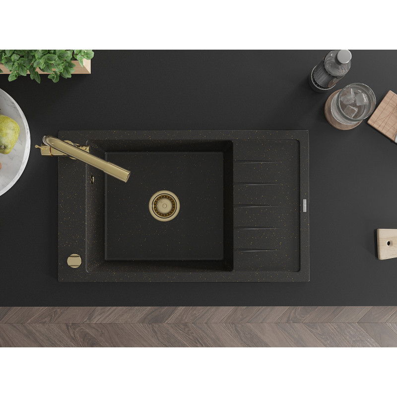 Mexen Elias 1-bowl granite sink with drainer and Duero kitchen tap, black/golden metallic - 6511-75-671600-50