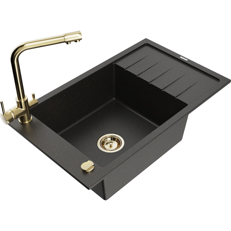 Mexen Elias 1-bowl granite sink with drainer and Duero kitchen faucet, black/gold metallic - 6511-75-671600-50