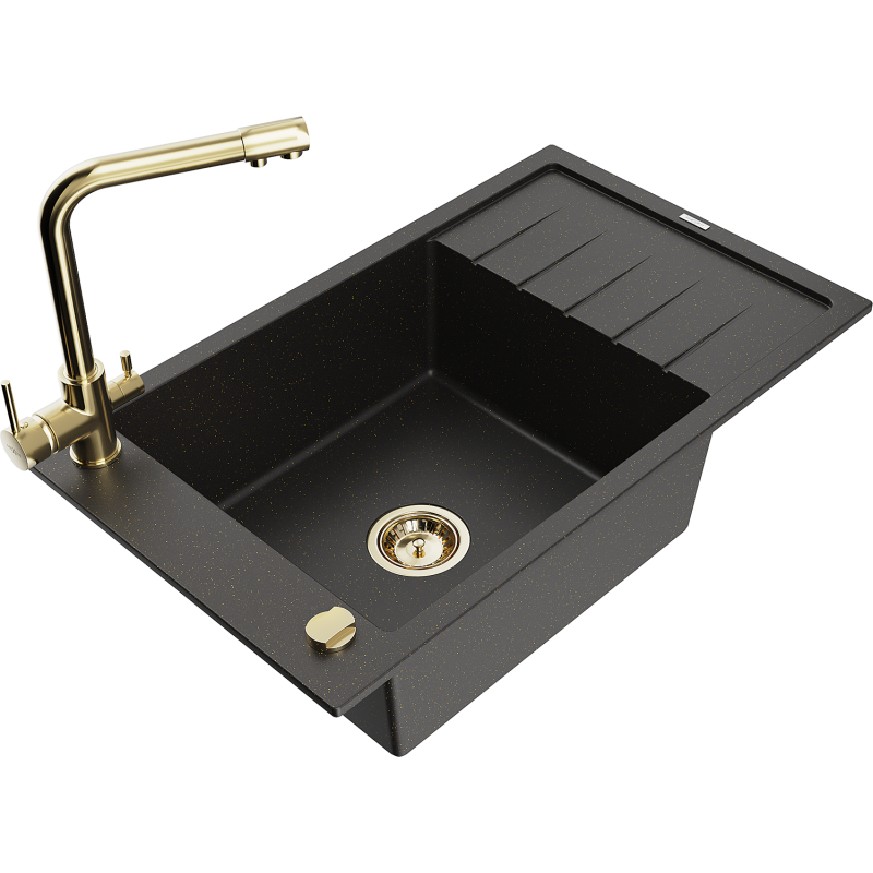 Mexen Elias 1-bowl granite sink with drainer and Duero kitchen tap, black/golden metallic - 6511-75-671600-50