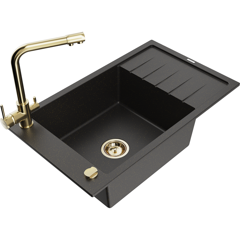 Mexen Elias 1-compartment granite sink with a drip tray and kitchen mixer tap Duero, Black/Gold metallic - 6511-75-671600-50