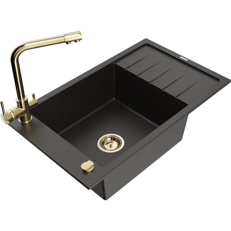 Mexen Elias 1-bowl granite sink with drainer and Duero kitchen faucet, black/gold metallic - 6511-75-671600-50