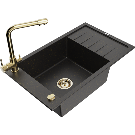 Mexen Elias 1-bowl granite sink with drainer and Duero kitchen tap, black/golden metallic - 6511-75-671600-50