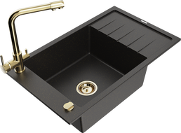 Mexen Elias 1-bowl granite sink with drainer and Duero kitchen tap, black/golden metallic - 6511-75-671600-50