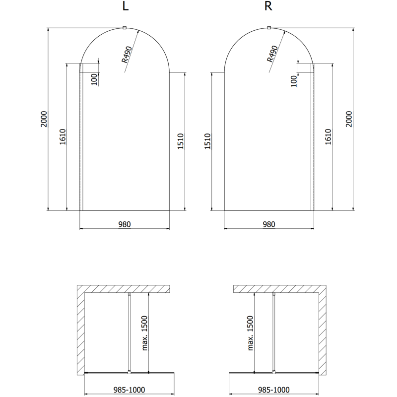 Mexen Kioto-Q Walk-in Shower Screen 100 x 200 cm, Transparent 8 mm, Brushed Nickel - 800-100-101-97-00-Q