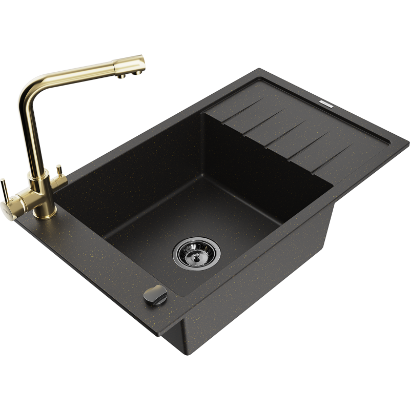 Mexen Elias 1-compartment granite sink with a drip tray and kitchen mixer tap Duero, Black/Gold metallic - 6511-75-671600-50-B