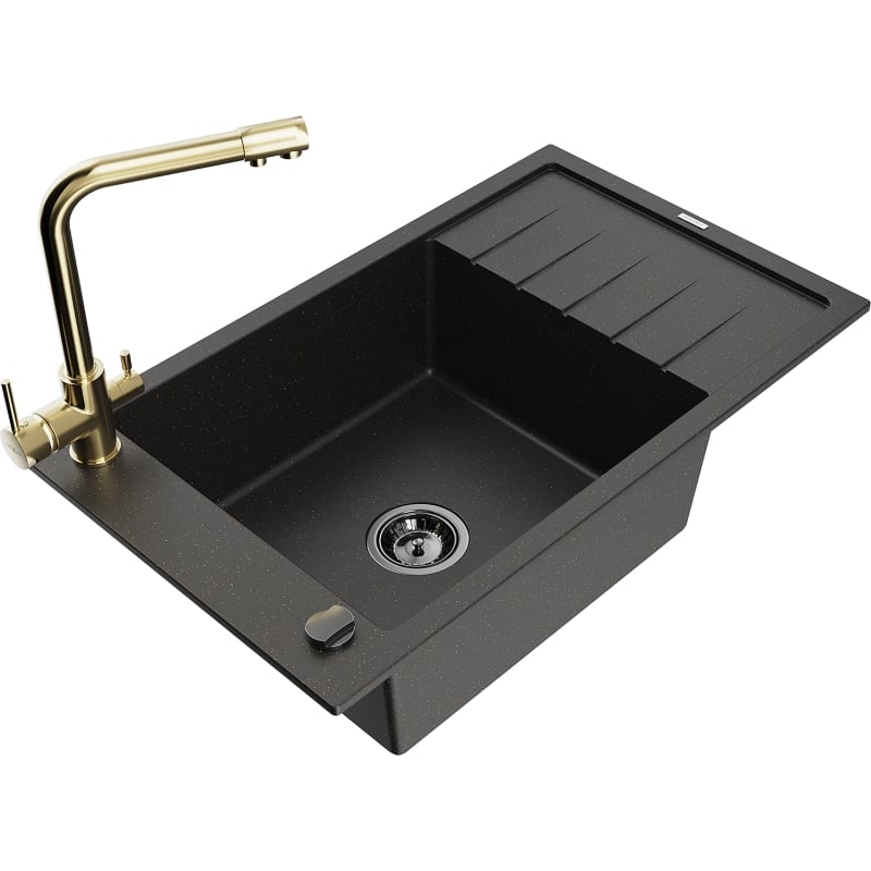 Mexen Elias granite kitchen sink with 1-bowl, drainer, and kitchen faucet Duero, black/gold metallic - 6511-75-671600-50-B