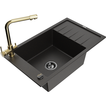 Mexen Elias 1-bowl granite sink with drainer and Duero kitchen faucet, black/gold metallic - 6511-75-671600-50-B