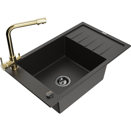 Mexen Elias granite kitchen sink with 1-bowl, drainer, and kitchen faucet Duero, black/gold metallic - 6511-75-671600-50-B