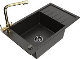 Mexen Elias 1-bowl granite sink with drainer and Duero kitchen faucet, black/gold metallic - 6511-75-671600-50-B