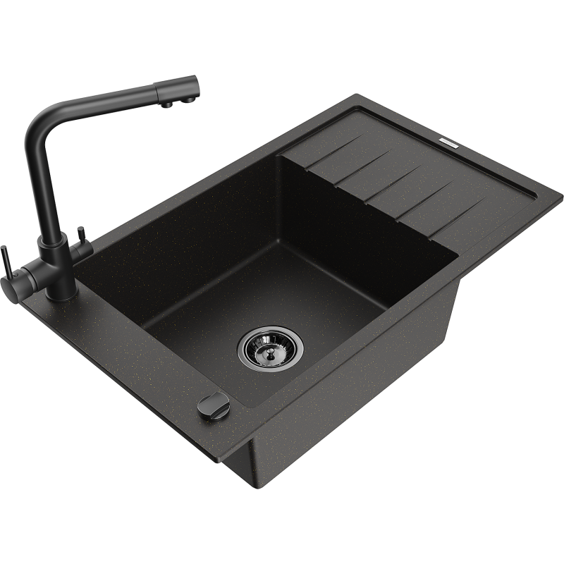 Mexen Elias 1-bowl granite sink with drainer and Duero kitchen tap, black/gold metallic - 6511-75-671600-70-B