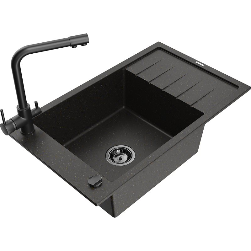 Mexen Elias 1-compartment granite sink with a drip tray and kitchen mixer tap Duero, Black/Gold metallic - 6511-75-671600-70-B