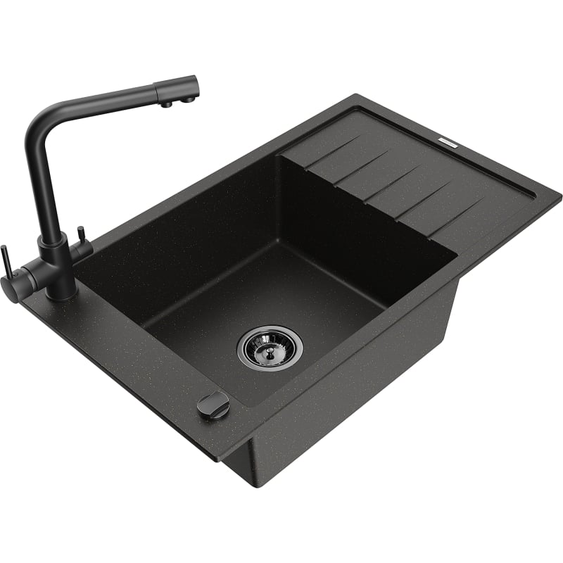 Mexen Elias granite kitchen sink 1-bowl with drainer and Duero kitchen faucet, black/gold metallic - 6511-75-671600-70-B