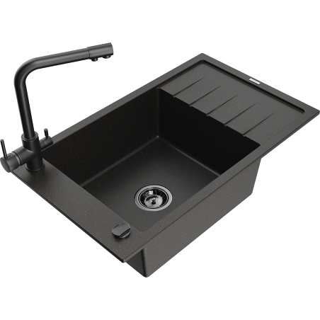 Mexen Elias 1-bowl granite sink with drainer and Duero kitchen tap, black/gold metallic - 6511-75-671600-70-B